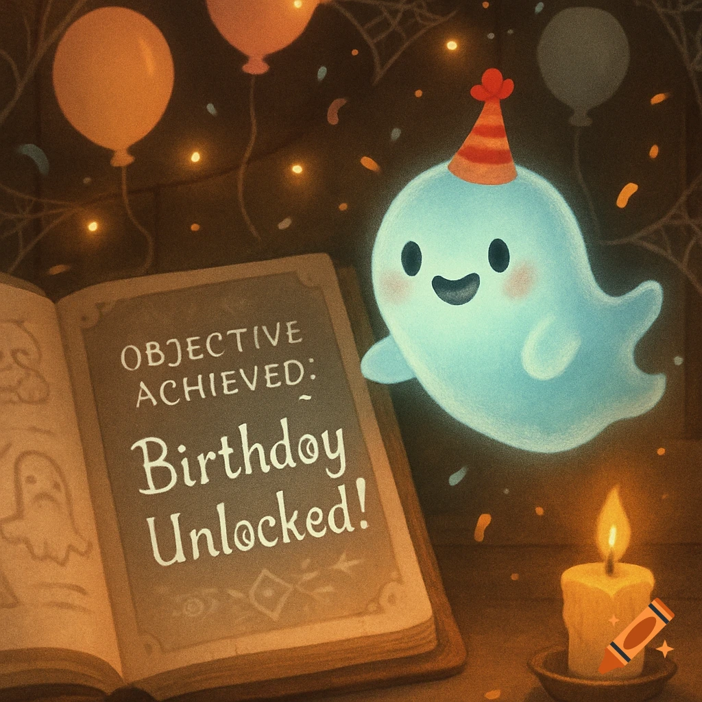 A cute blue ghost with a party hat floats by an open journal that reads 'OBJECTIVE ACHIEVED: Birthday Unlocked!', with balloons and a candle.