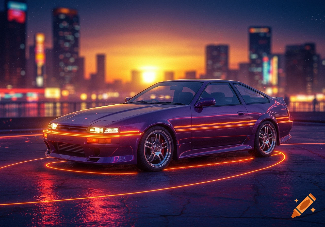 A purple sports car with glowing orange neon lines sits on a street at sunset with a blurred cityscape in the background, in a synthwave style.