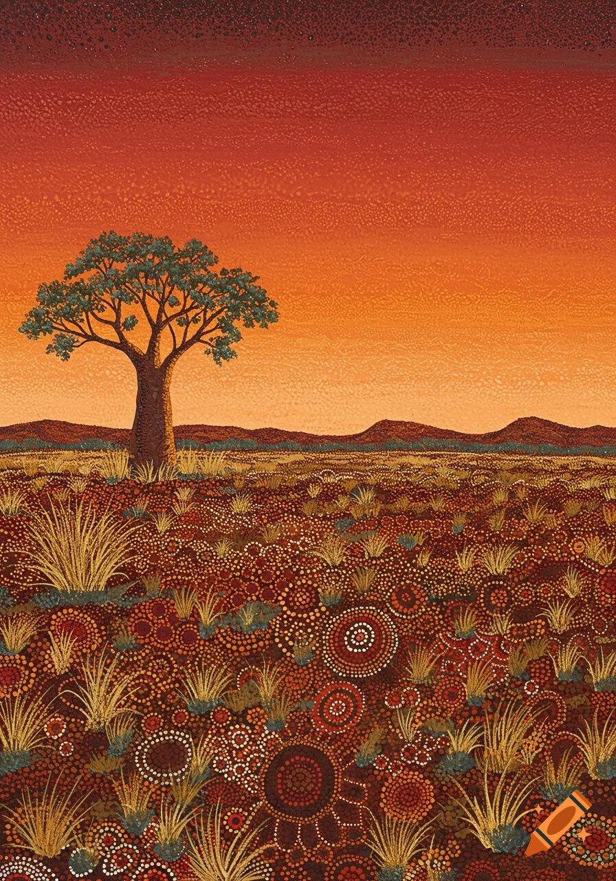 A colorful dot painting of an Australian outback scene featuring a single tree against an orange and red sky, with a dotted landscape in the foreground.