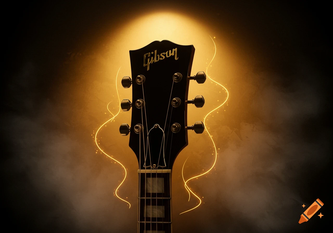 Close-up of a Gibson guitar headstock with a golden glow and swirling light effects in the background.