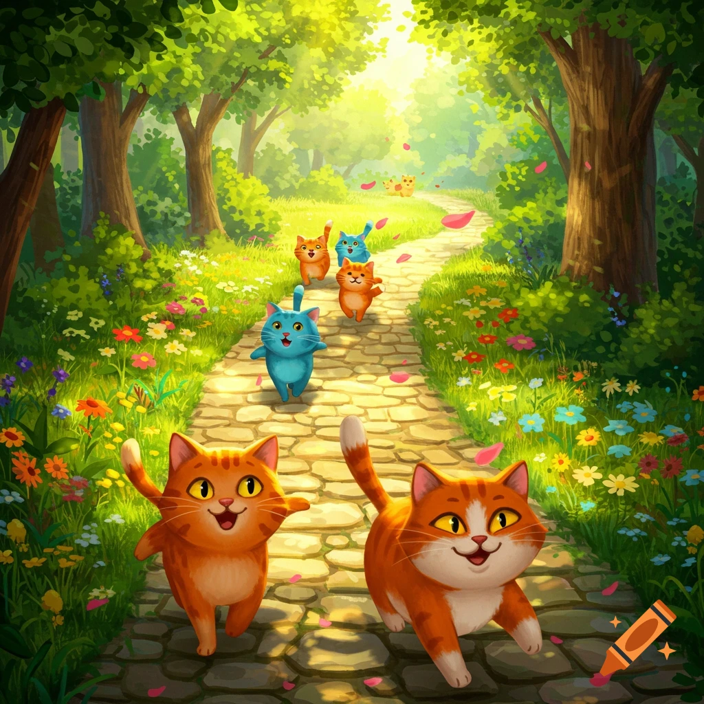 Several cartoon cats walking on a winding path through a bright, sunny forest with flowers and trees.