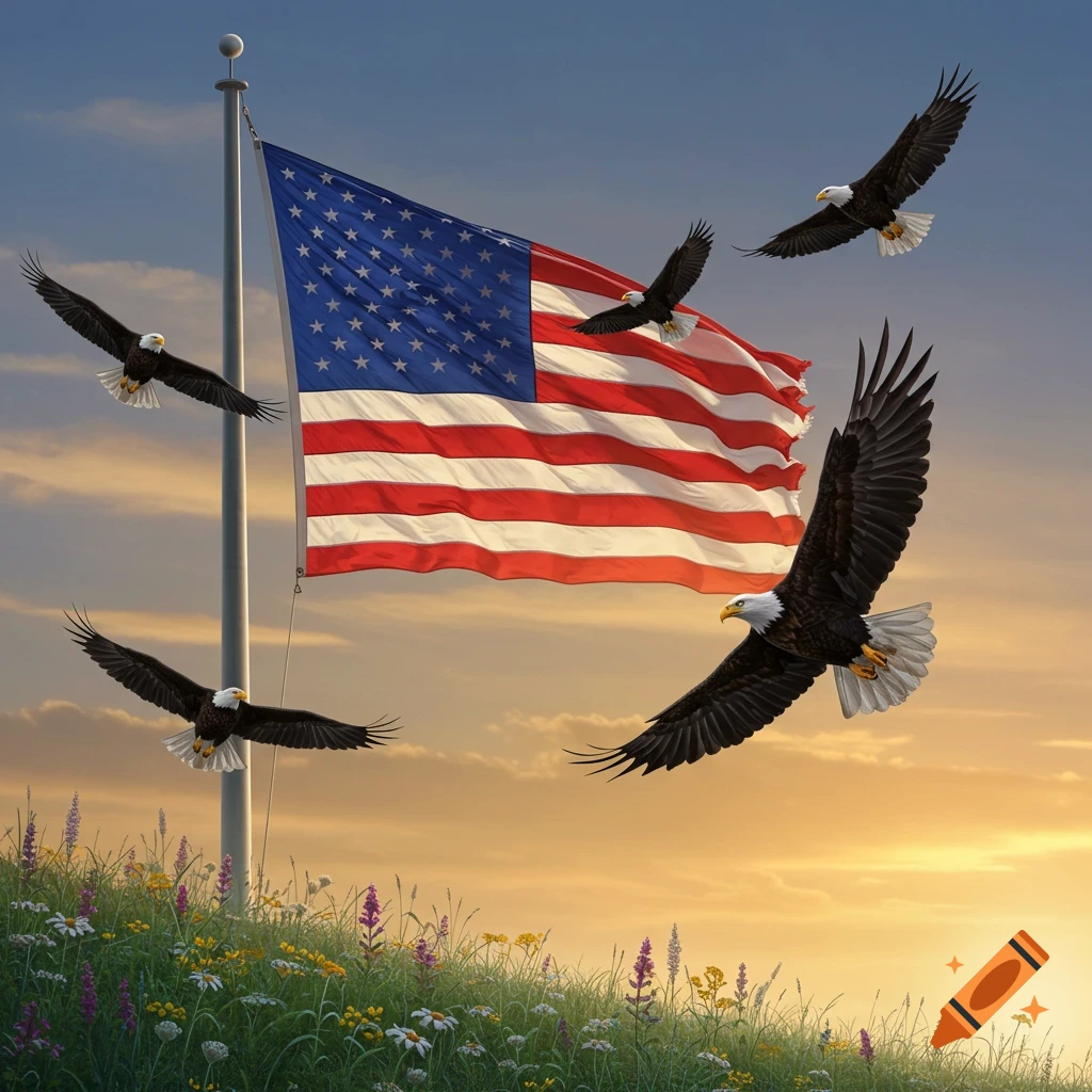 Bald eagles fly around an American flag on a pole over a field of wildflowers at sunset.
