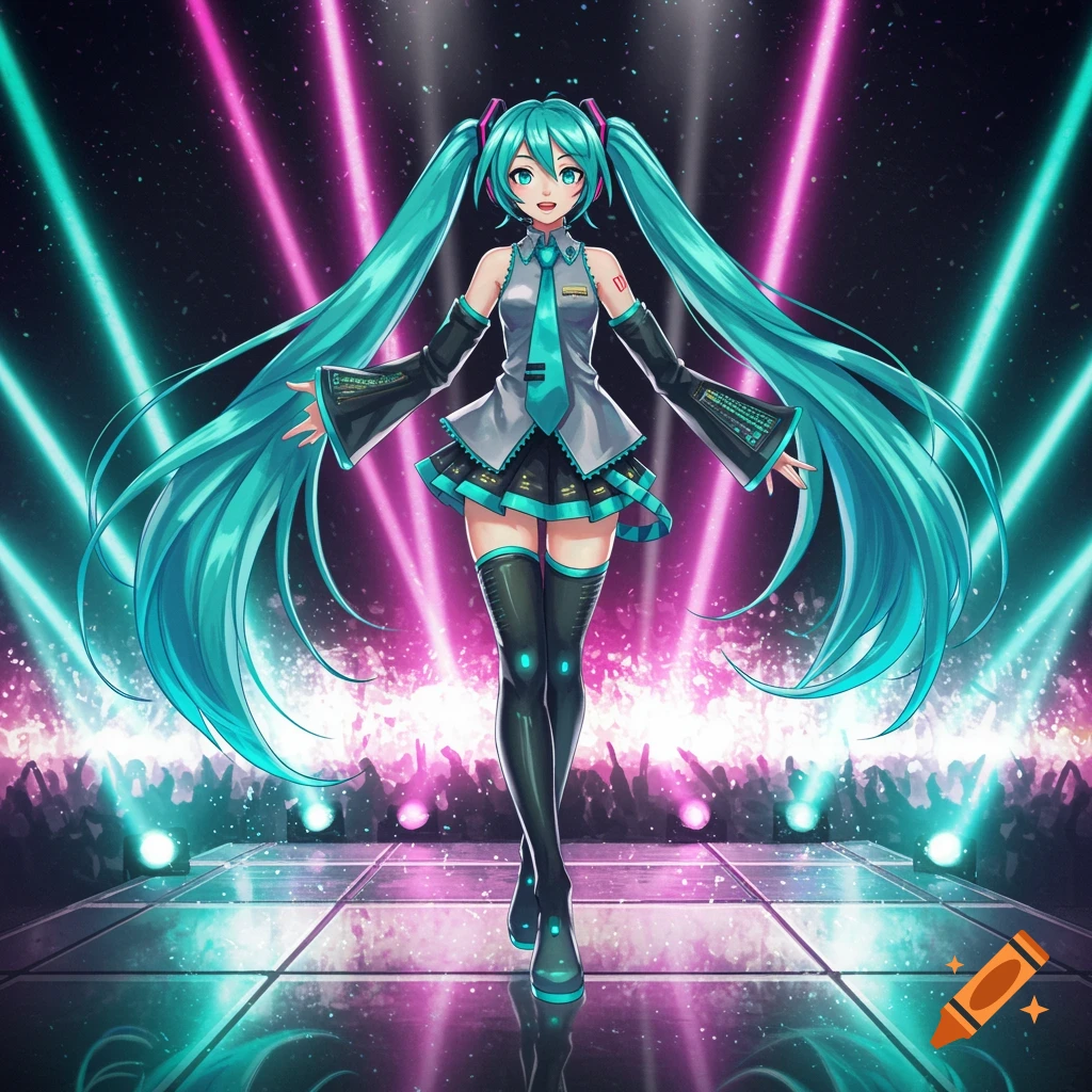 Hatsune Miku, an anime character, stands on a stage bathed in pink and teal spotlights, with a cheering crowd in the background.