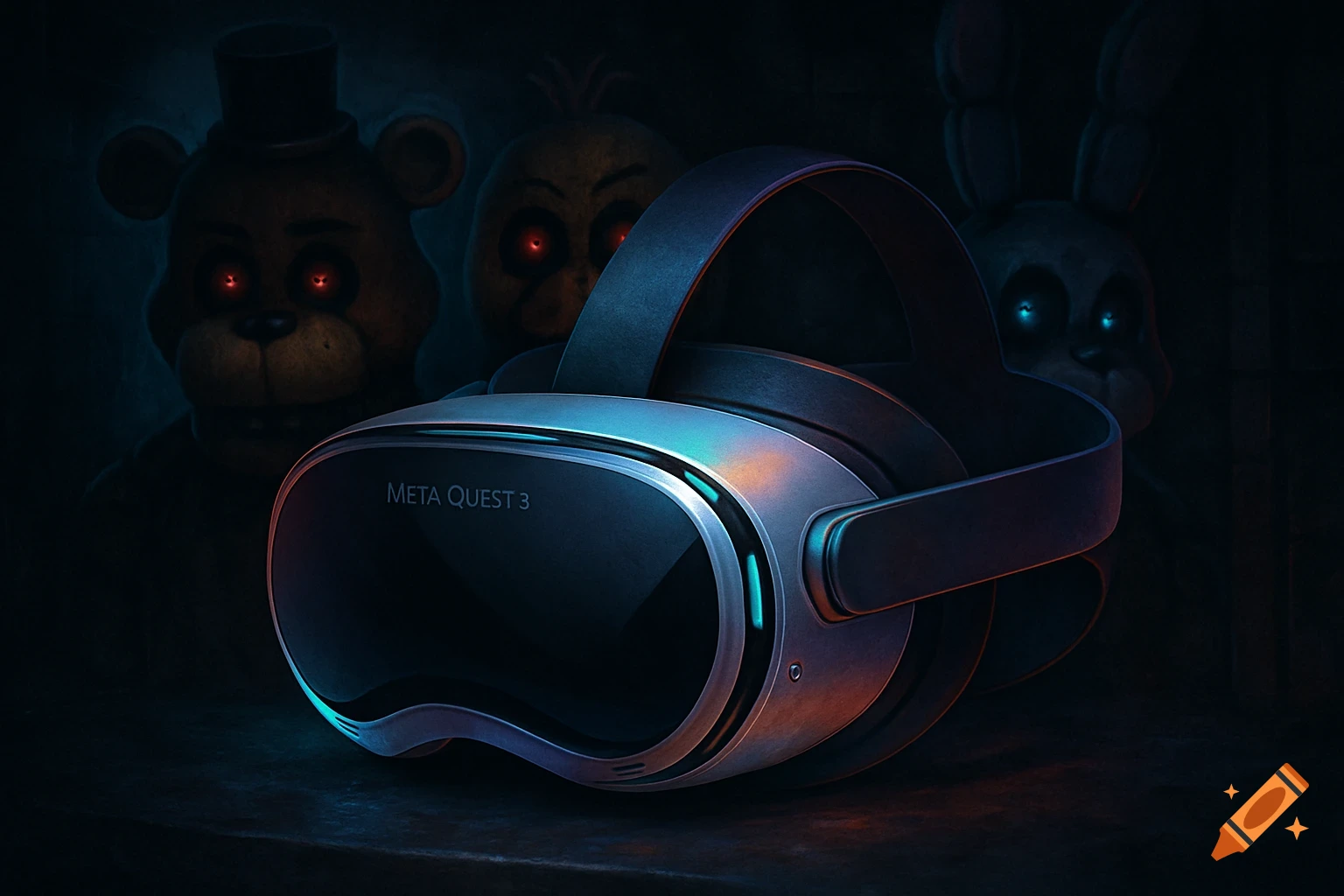 A Meta Quest 3 VR headset in the foreground, with three dark, glowing-eyed Five Nights at Freddy's animatronics in the background.