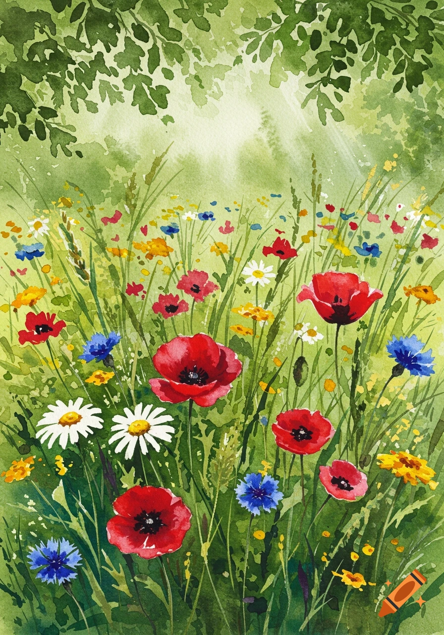 Bright watercolor painting of a vibrant wildflower meadow with red poppies, white daisies, and blue cornflowers.