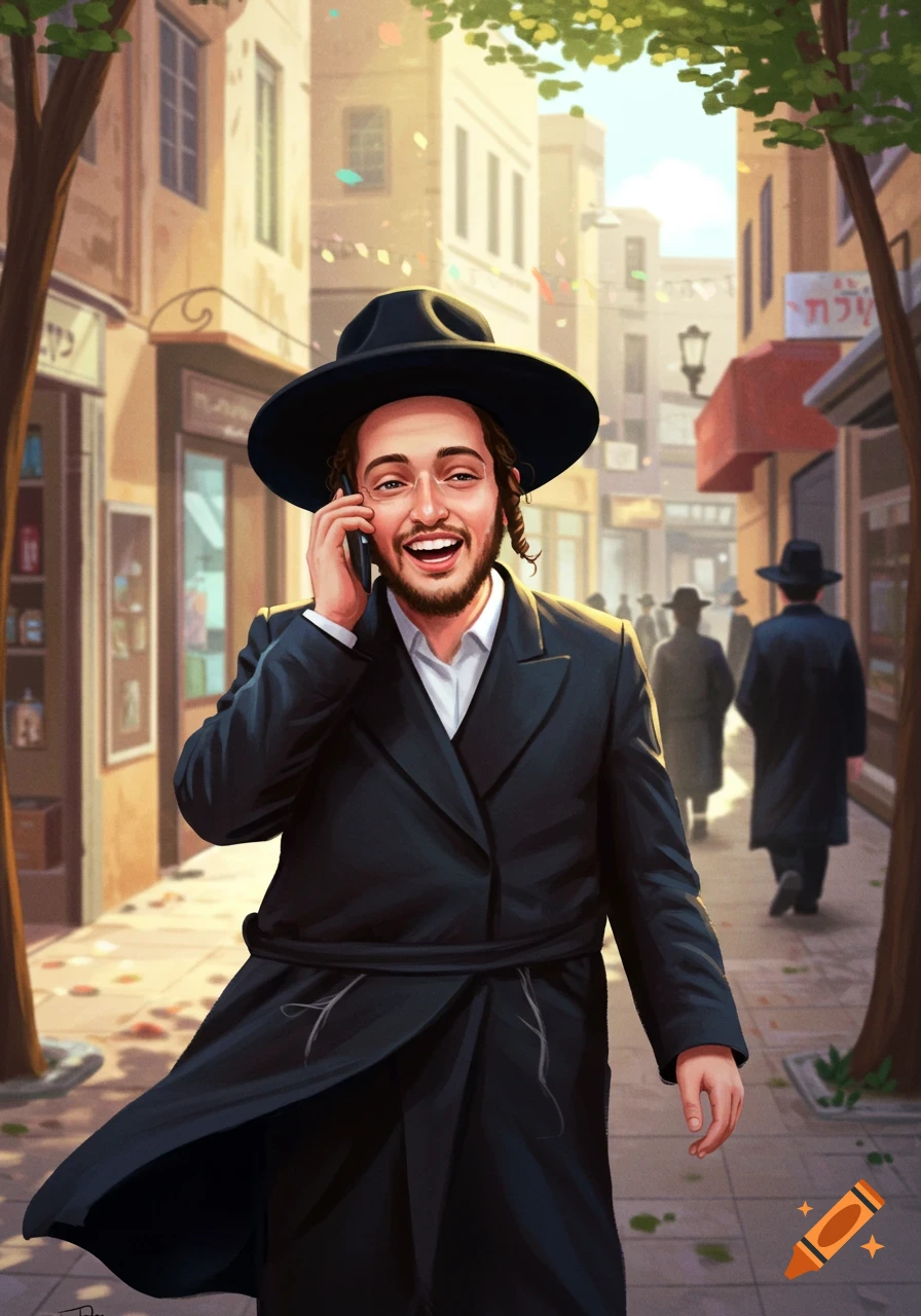 A smiling Hassidic Jewish man in traditional attire walks down a bustling city street while talking on a cellphone.