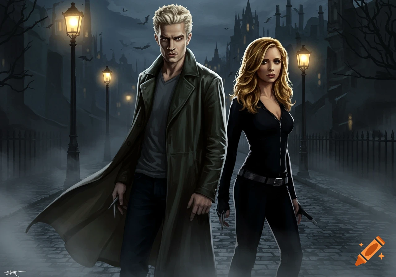 Illustration of a blonde man in a long coat and a blonde woman in black standing on a cobblestone street at night with lampposts and gothic buildings.