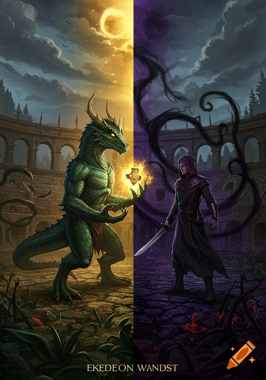 A fantasy illustration of a green dragon-like creature holding an orb and a hooded human with a sword in a light vs. dark duality setting.