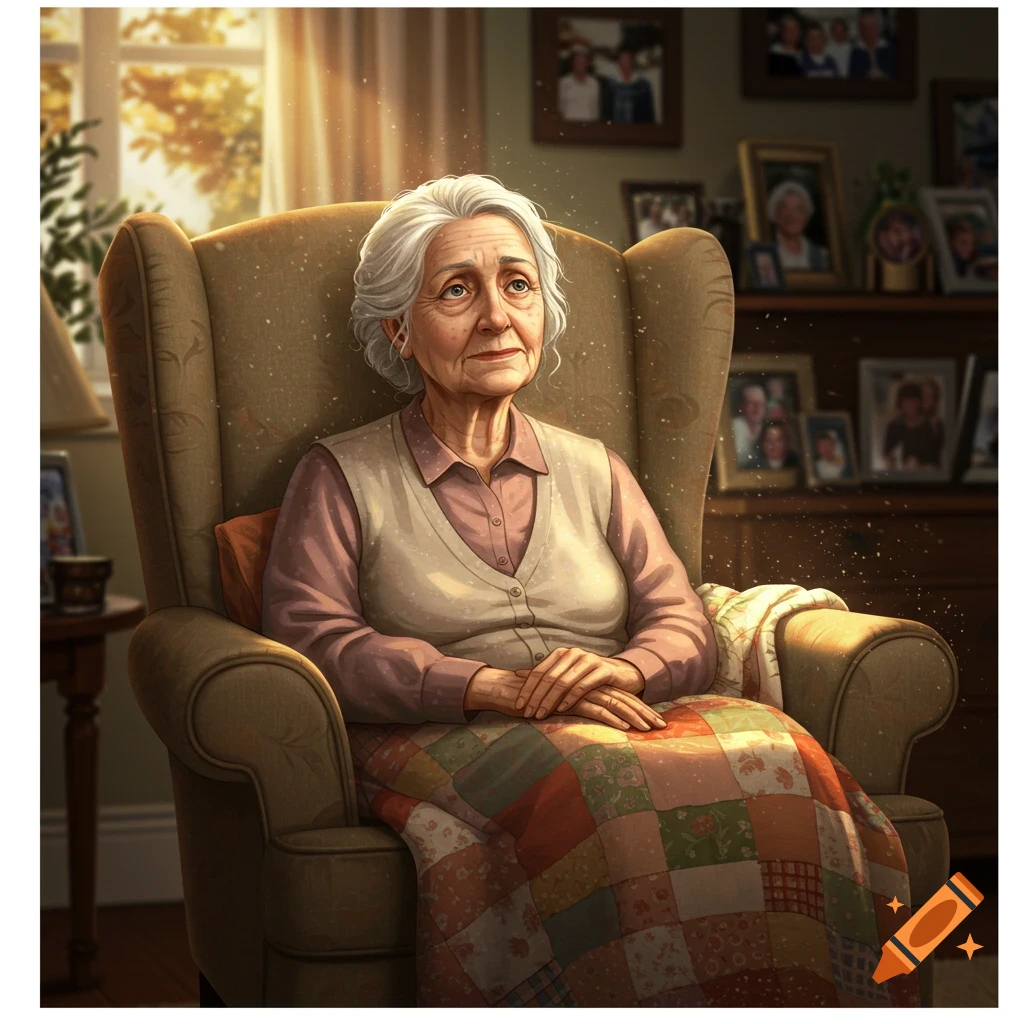 An elderly woman with white hair sits in a comfy armchair under warm sunlight, covered by a colorful quilt in an indoor illustration.