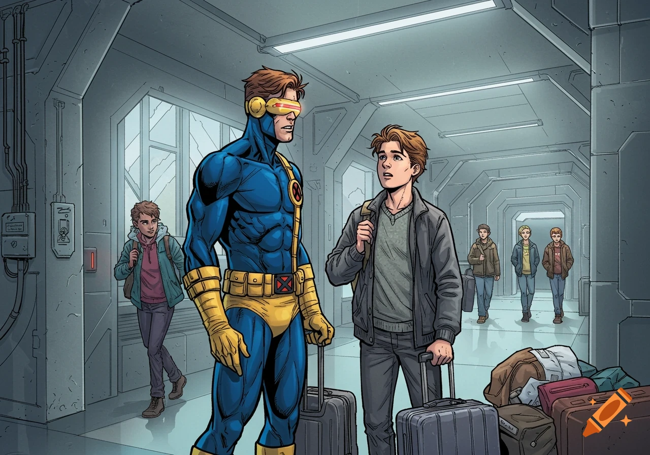 Cyclops from X-Men talks to a young man with luggage in a sci-fi hallway, in a comic book art style.