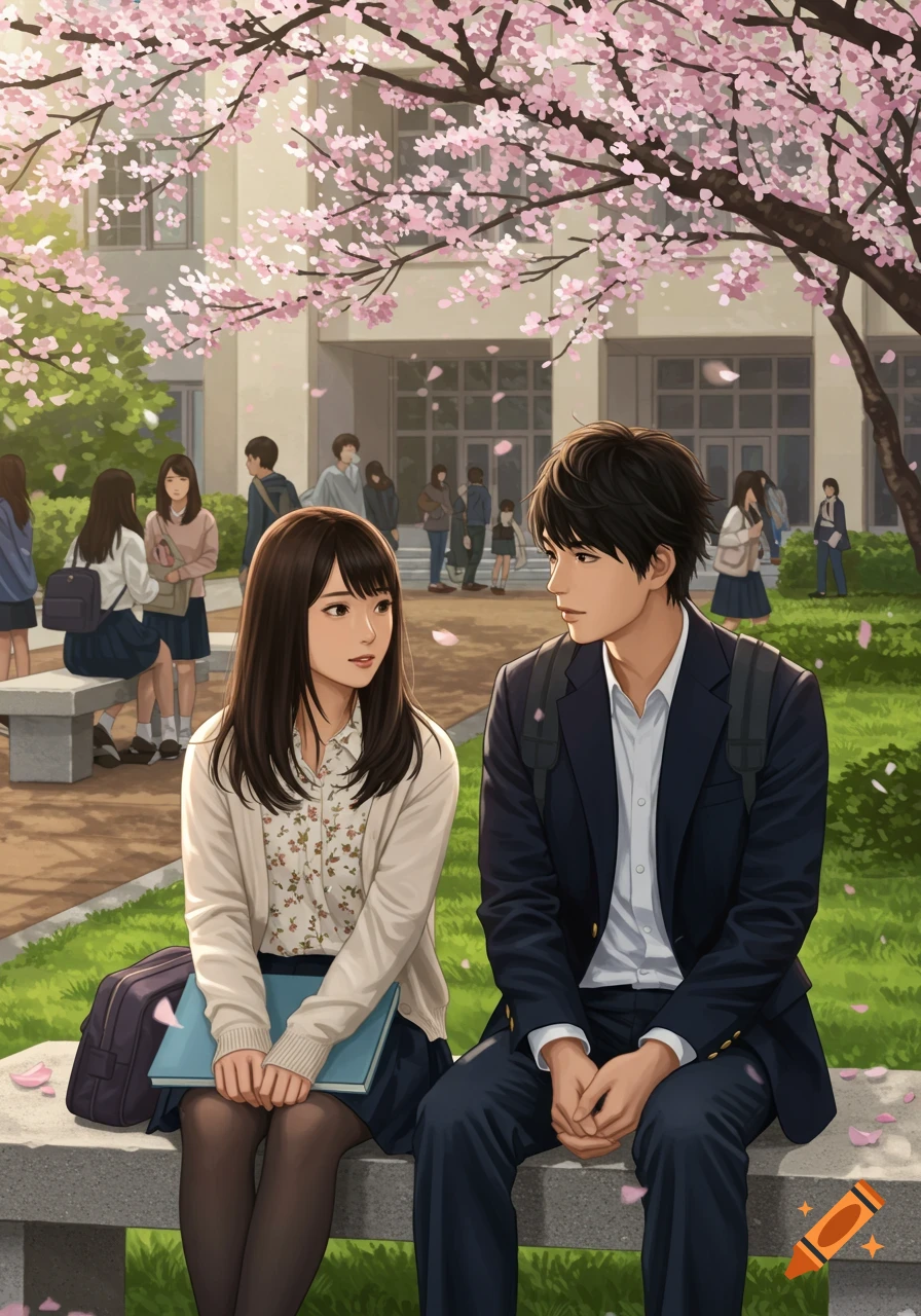 Anime illustration of a male and female student looking at each other while sitting on a bench under cherry blossoms outside a school.