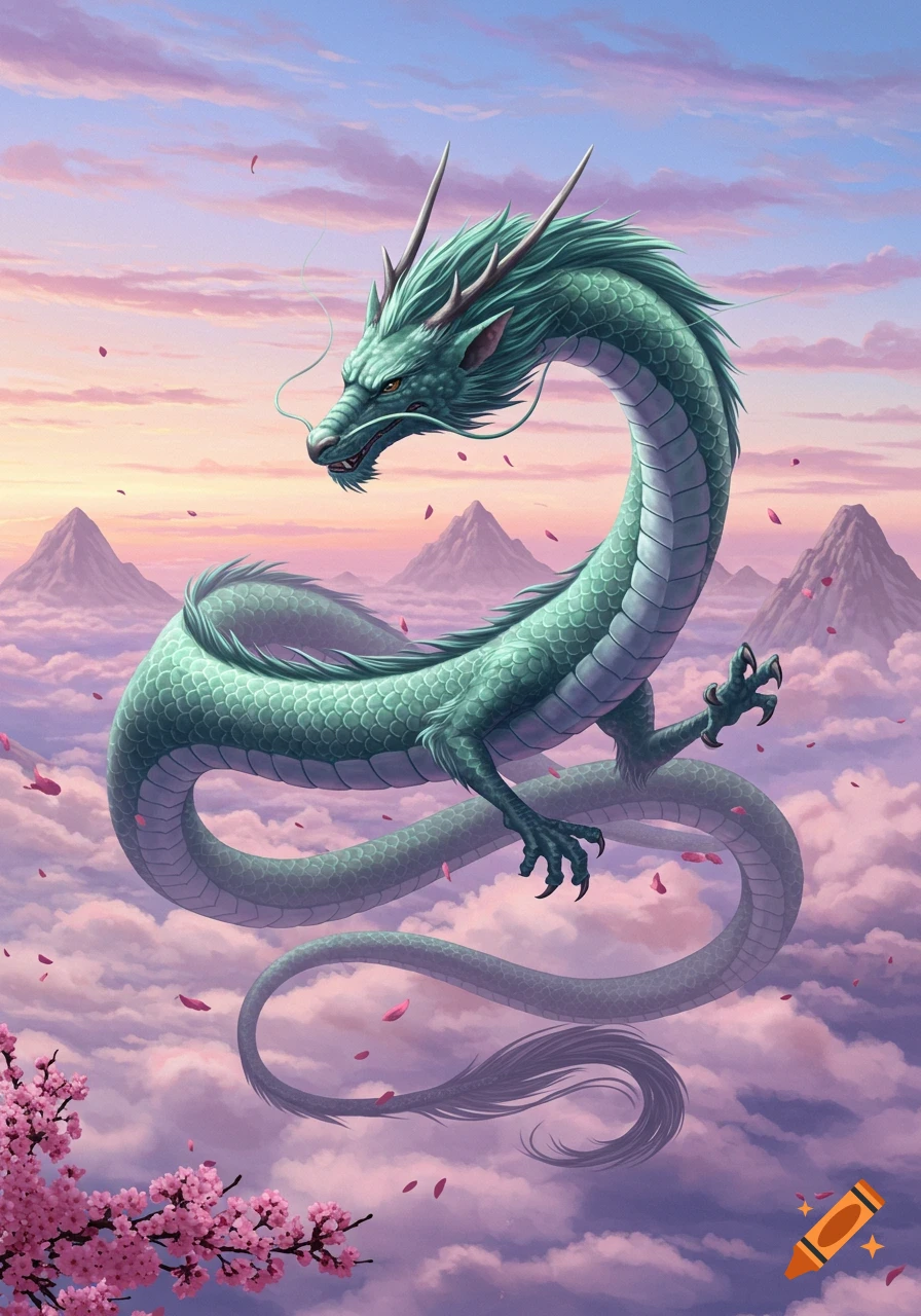 A vibrant green dragon flying gracefully through a sky filled with pink and purple clouds, with mountains and cherry blossoms.