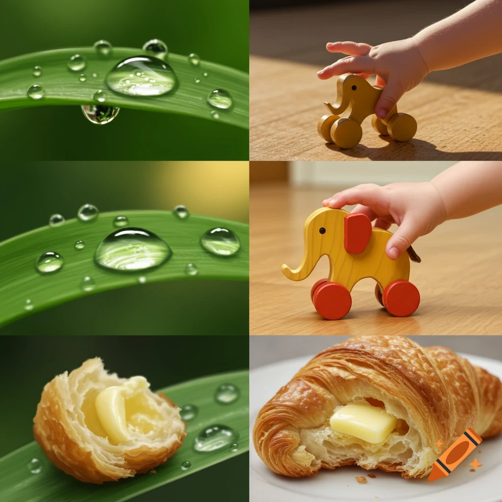 A grid of six photorealistic images including water drops on green leaves, a child's hand with a wooden elephant toy, and croissants with butter.