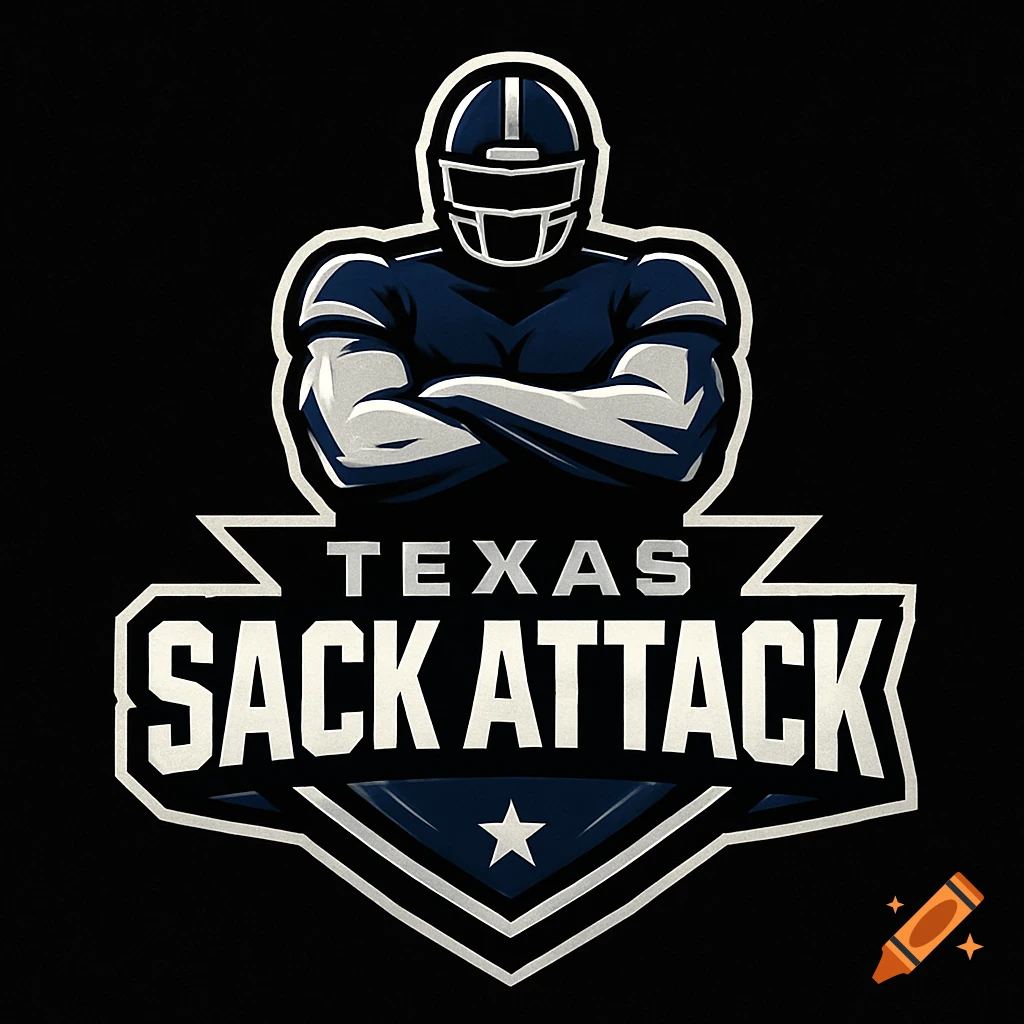 A dark blue and white logo featuring a football player with crossed arms above the text 'TEXAS SACK ATTACK' and a star below.
