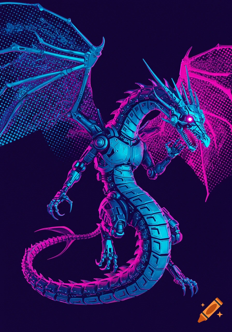 A cyberpunk mechanical dragon with glowing red eyes, rendered in a striking blue and pink halftone style on a dark background.