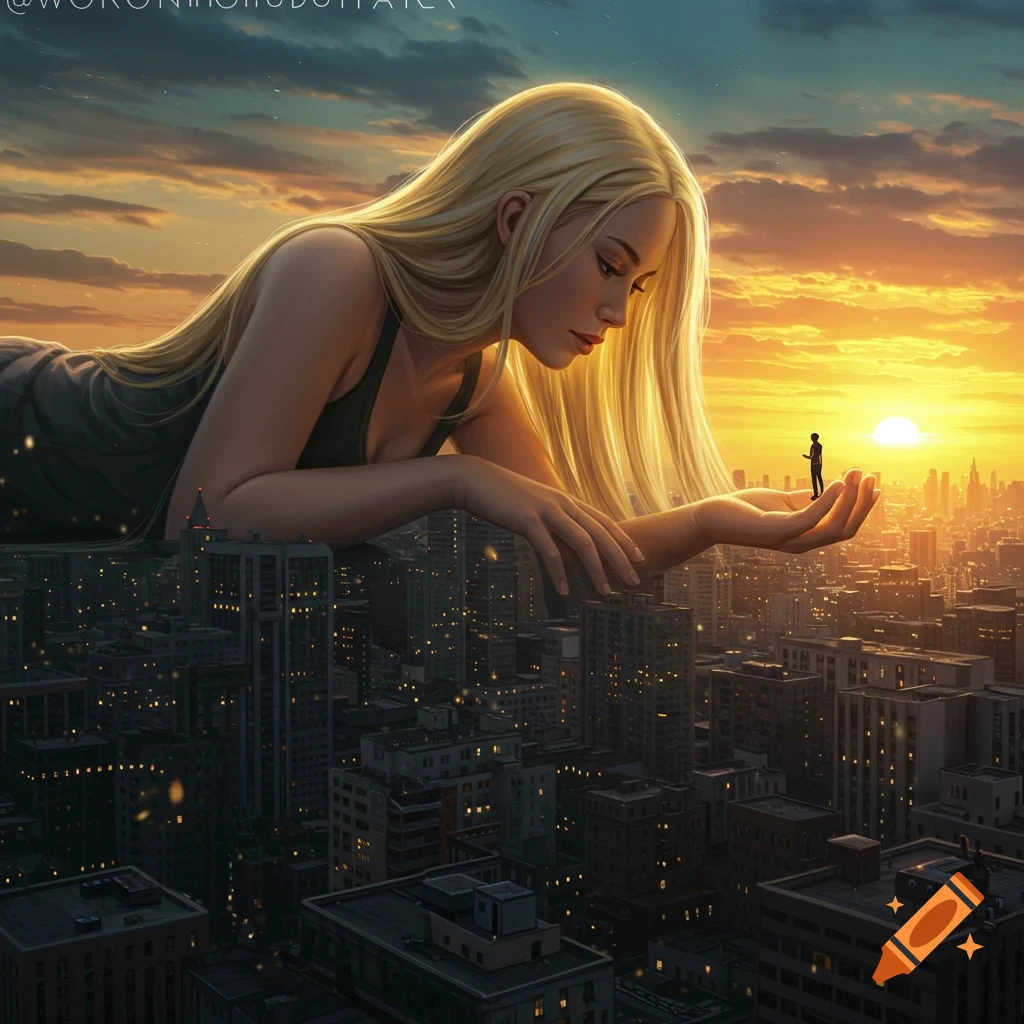 A giant blonde woman lies on a city at sunset, looking at a tiny person in her hand. City lights glow below her. Photorealistic.