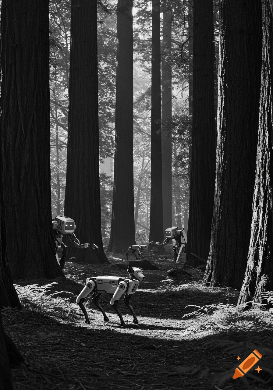 Black and white photo of a robot dog and other robots walking through a sunny forest.