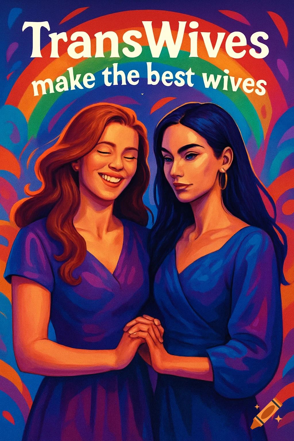 Illustration of two women in blue dresses holding hands, with a rainbow arch behind them and the text 'TransWives make the best wives' above.