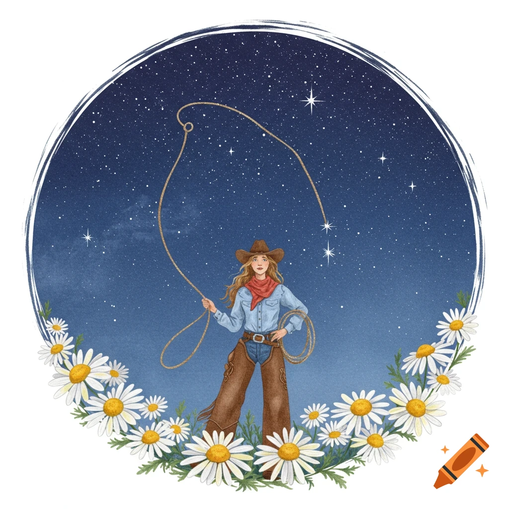 A watercolor illustration of a cowgirl with a lasso under a starry night sky, surrounded by daisies.