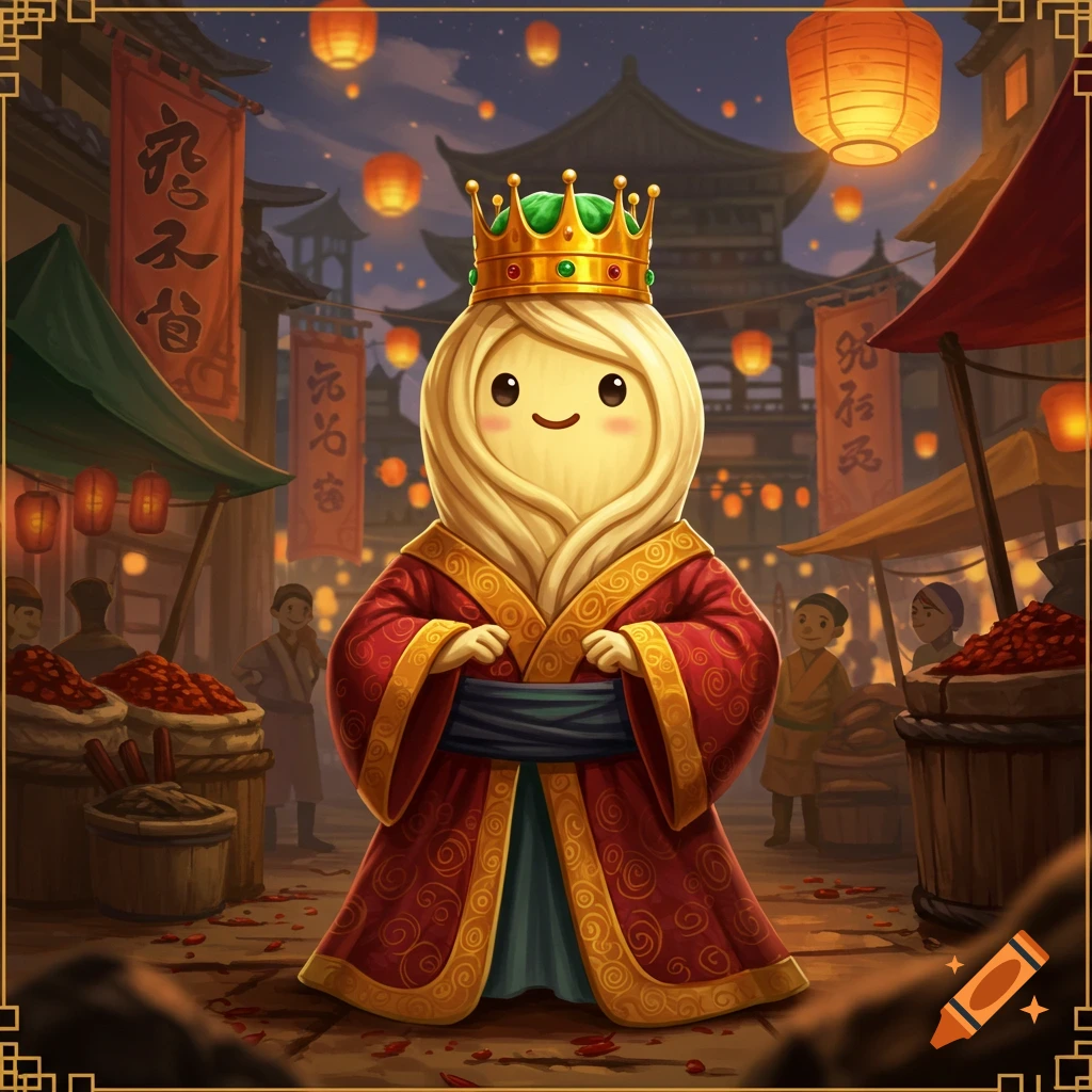A cartoon character, King Noodle, with a crown and red robe, stands in a bustling Asian market under glowing lanterns at night.