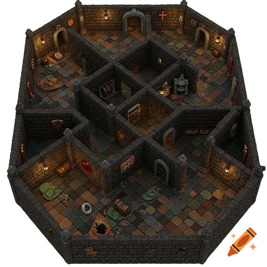A top-down view of a whimsical, handcrafted dungeon map made of crocheted and knitted yarn, with many rooms, corridors, and props, on a grid layout.