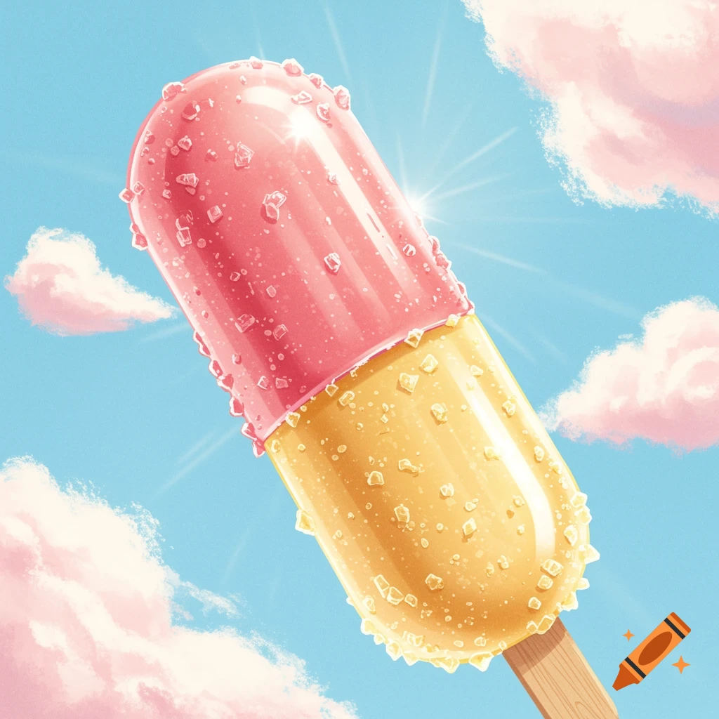 A pink and yellow capsule-shaped ice lolly with a sugary texture, set against a bright blue sky with fluffy pink clouds.