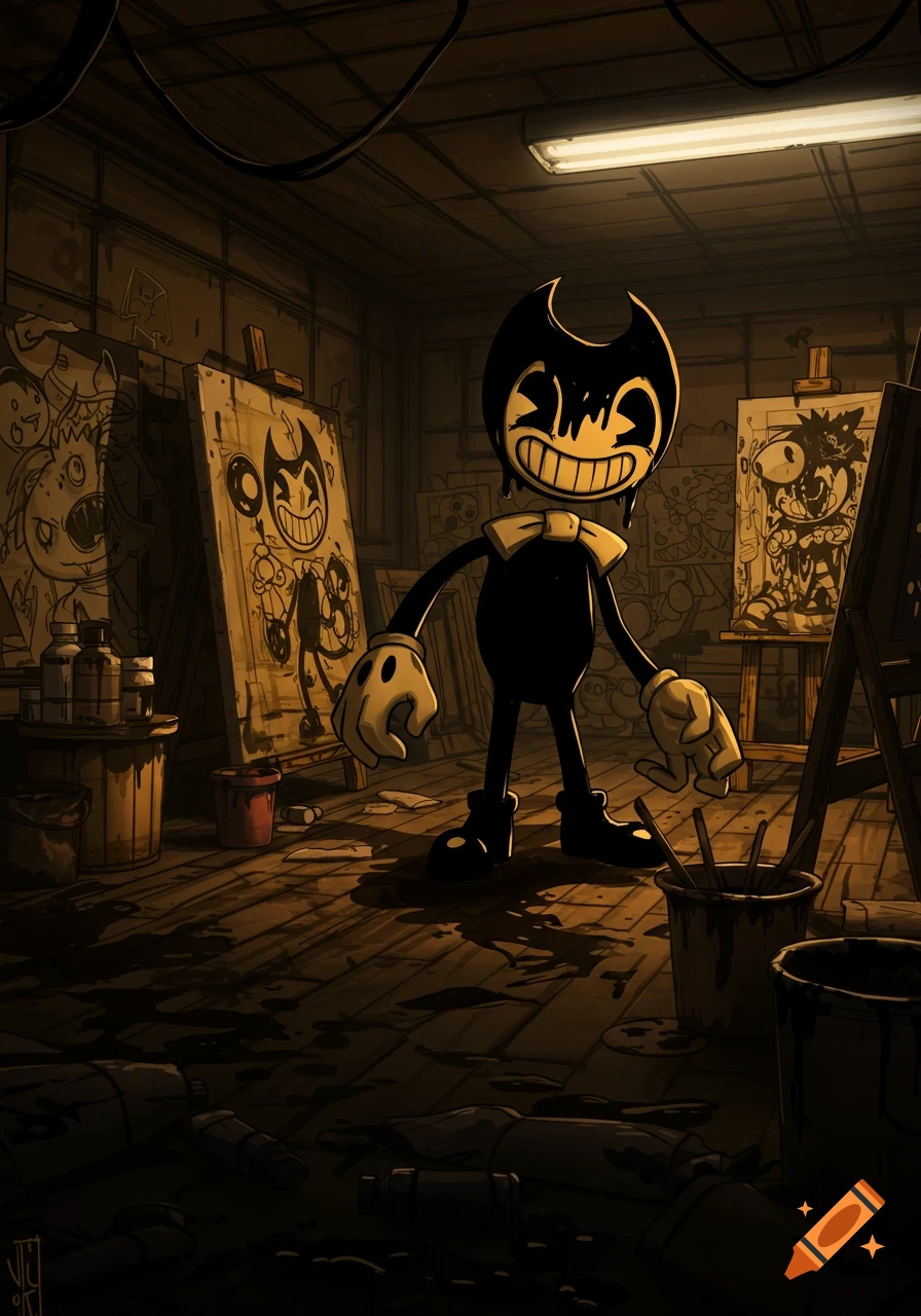 Ink Demon Bendy stands in a dark, ink-splattered art studio surrounded by easels and painting supplies, in a vintage cartoon style.