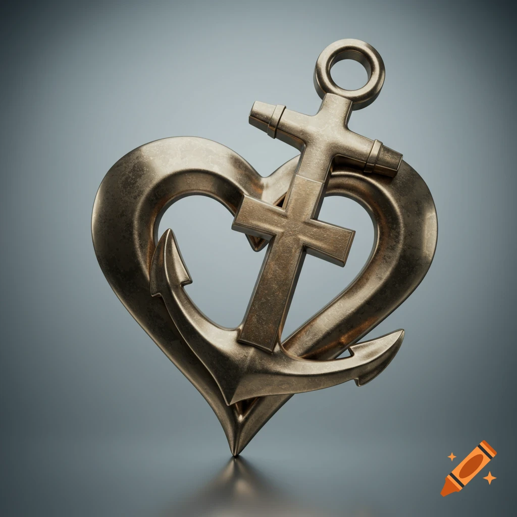 A bronze heart intertwined with a cross and an anchor, on a grey gradient background. Photorealistic 3D render.