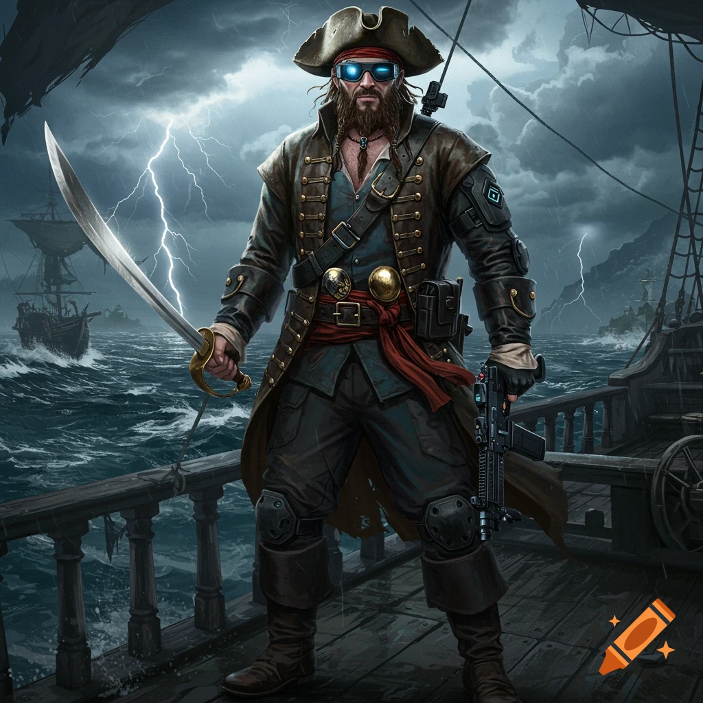 A cyberpunk pirate with glowing blue goggles and a futuristic gun stands on a ship deck during a lightning storm, holding a cutlass.