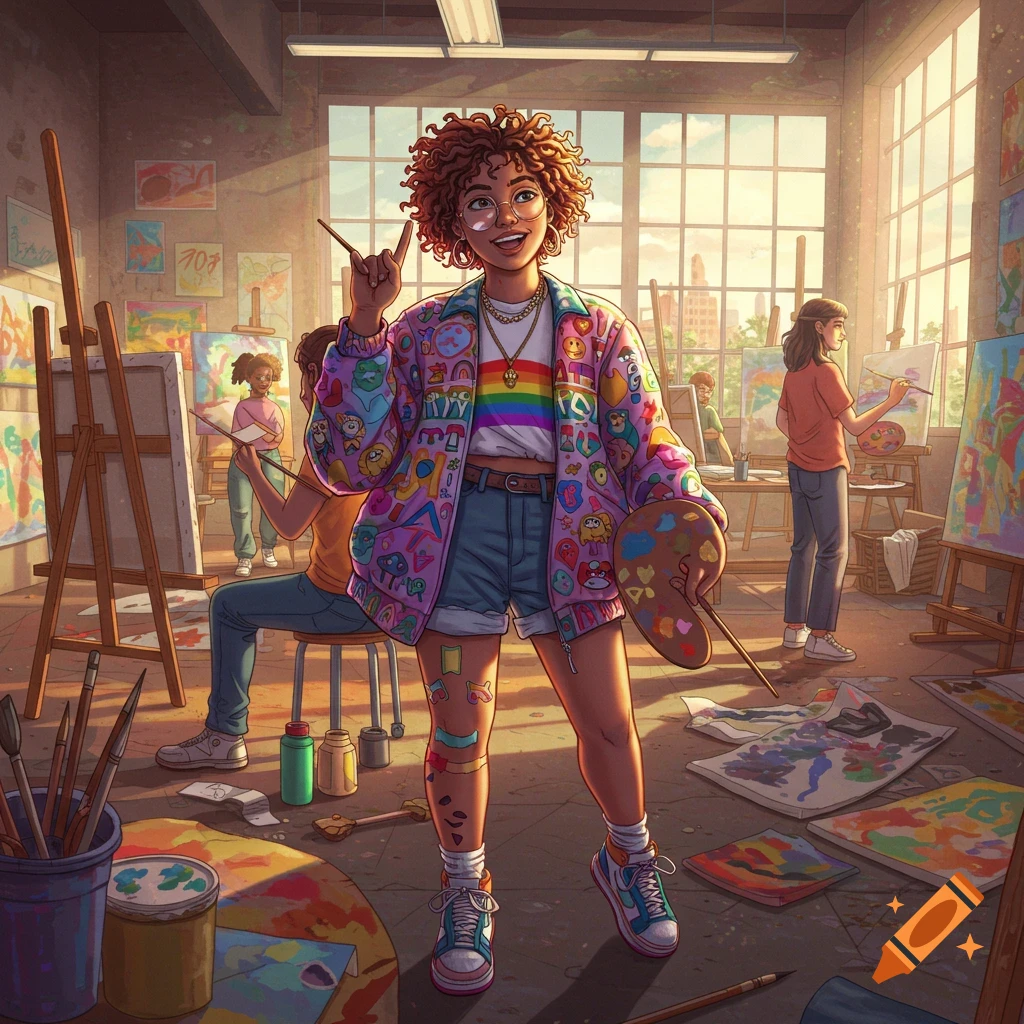 A smiling young person with curly hair wears a colorful jacket and a rainbow shirt, holding a paint palette in a sunlit art studio with other students.