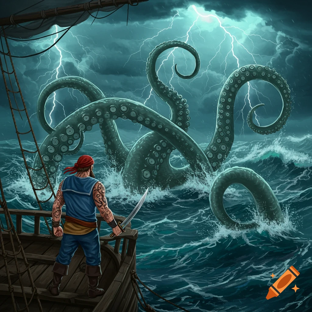 Illustration of a pirate on a ship facing a giant kraken in a stormy sea with lightning.