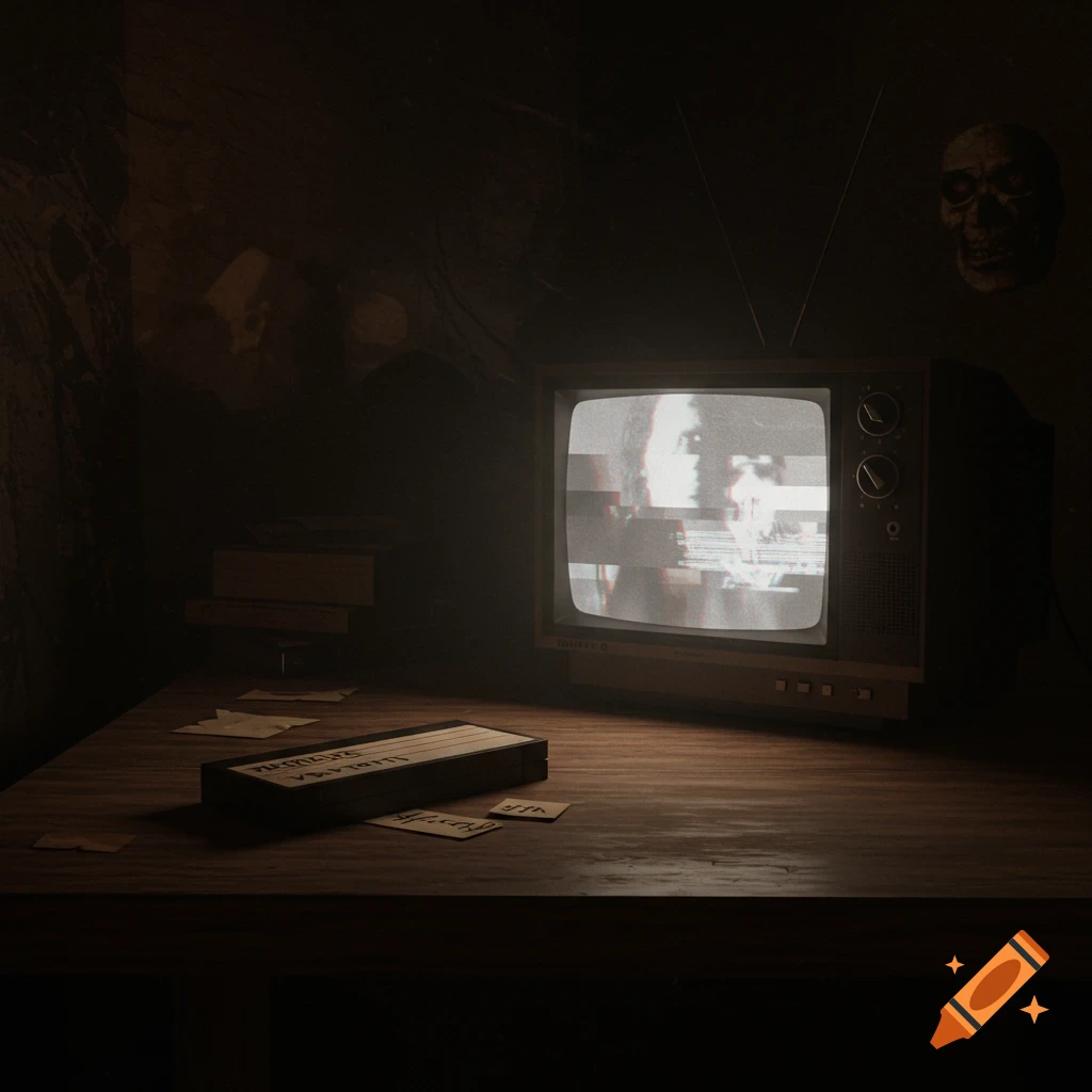 A dimly lit room features an old CRT television displaying a glitching, distorted image of a person's face, with an old VHS tape on a wooden desk in the foreground. A skull decorates the wall.