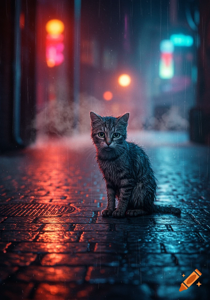 A wet, tabby cat sits on a rainy city street at night, illuminated by red and blue neon lights.