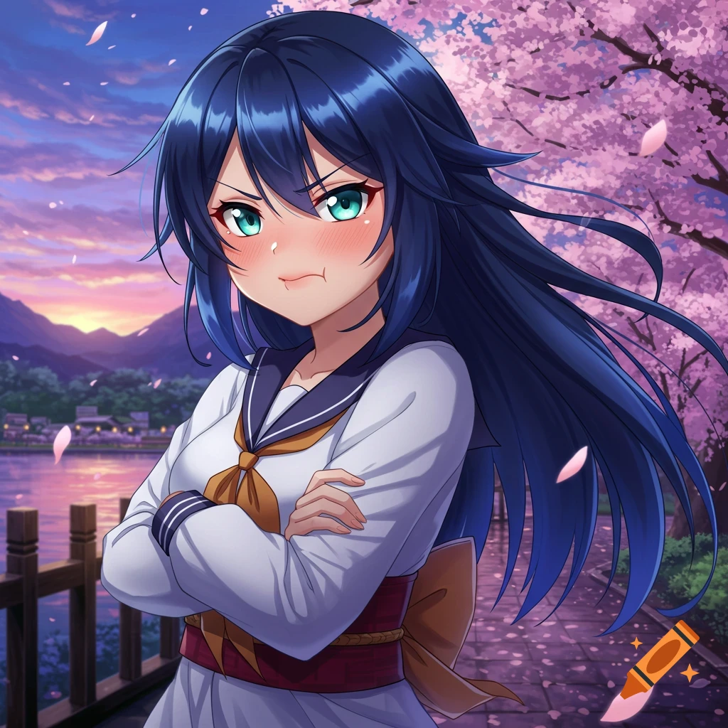 An anime girl with blue hair in a school uniform, arms crossed, pouting with blushing cheeks, under blooming cherry blossom trees at sunset.
