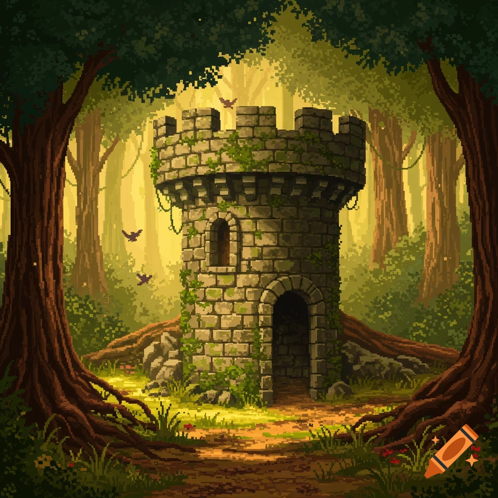 A pixel art illustration of an old stone turret in a lush green forest, framed by large trees.