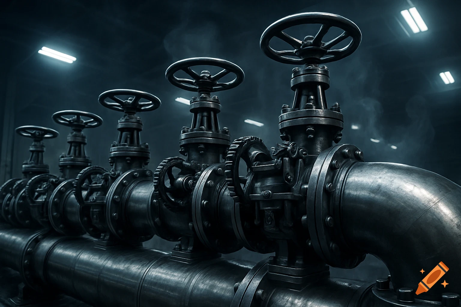 A close-up, dimly lit view of a row of large, dark metal industrial pipes with multiple valves.