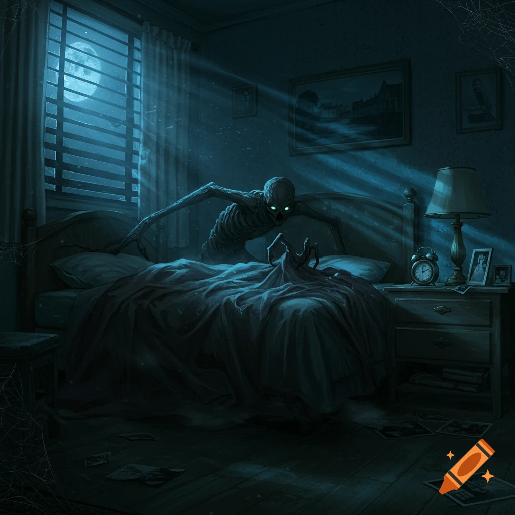 A skeletal creature with glowing eyes emerges from a bed in a dark, moonlit bedroom.