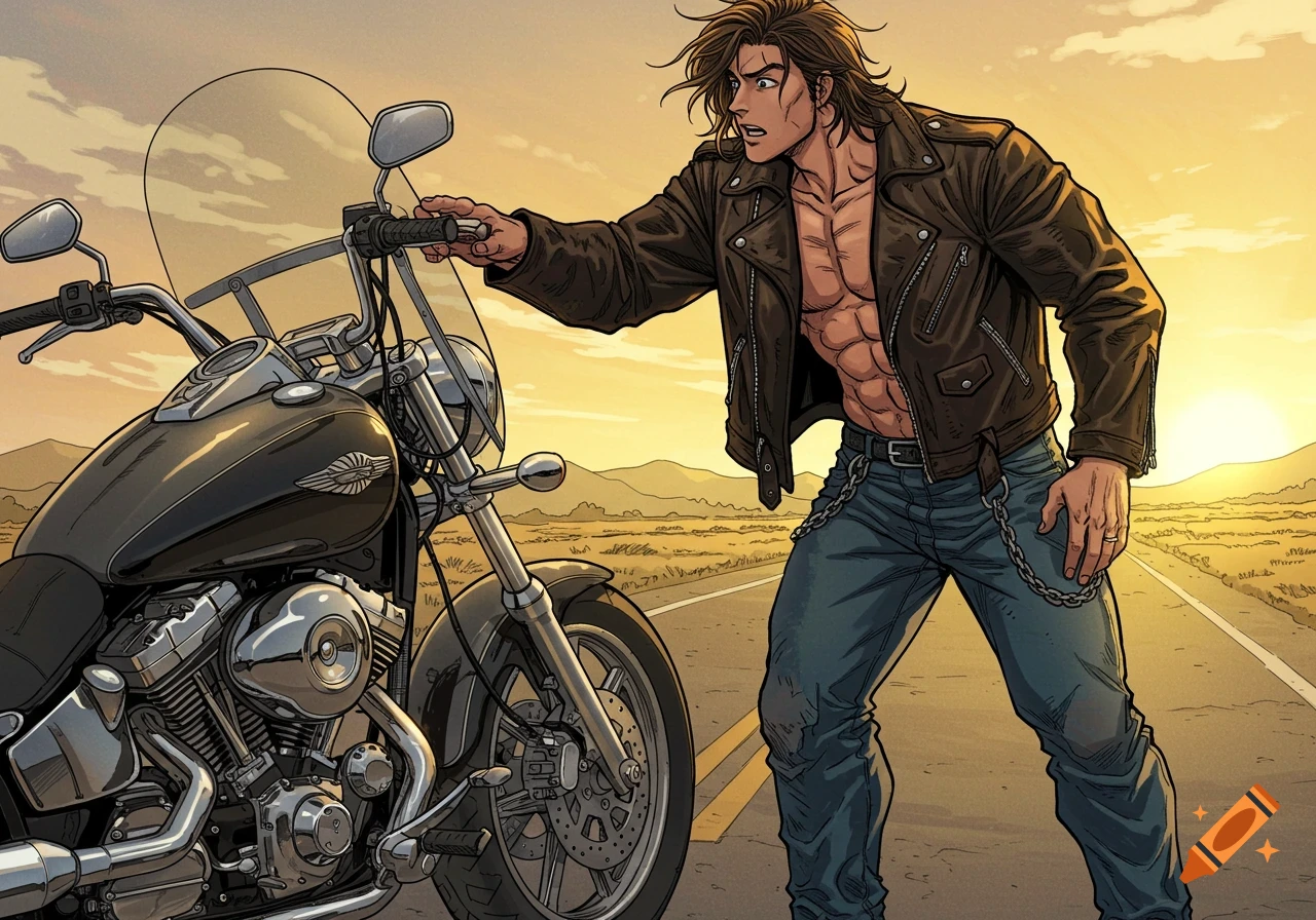A muscular man with long hair in a brown leather jacket stands next to a motorcycle on a desert road at sunset, in an anime style.