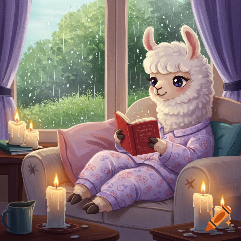 An anime-style llama in purple pajamas reads a book on a couch indoors on a rainy day, with lit candles providing a cozy atmosphere.