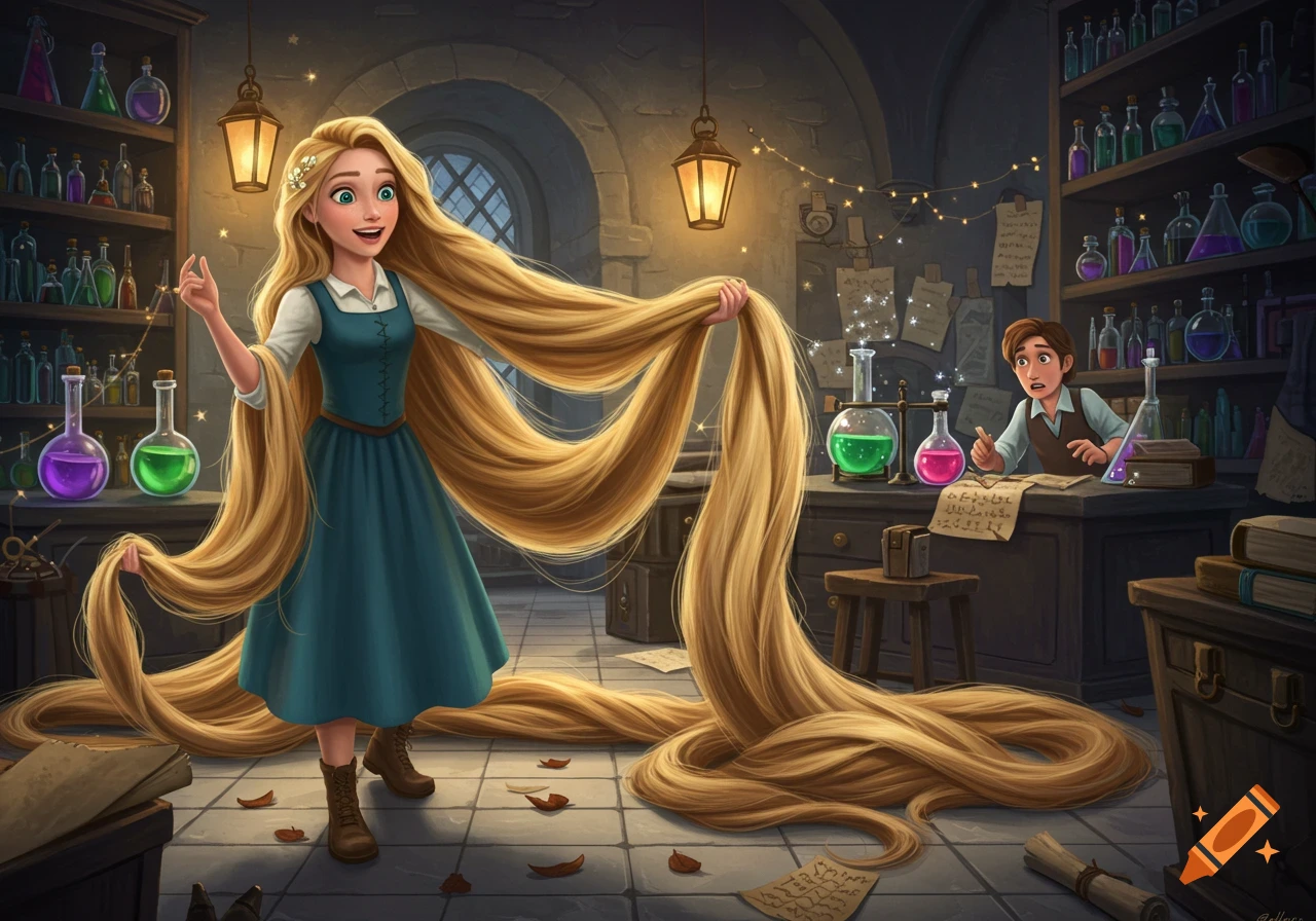 A long-haired woman in a teal dress stands in a magical laboratory, holding her rapidly growing blonde hair, while a shocked man sits at a desk surrounded by potions and scrolls.