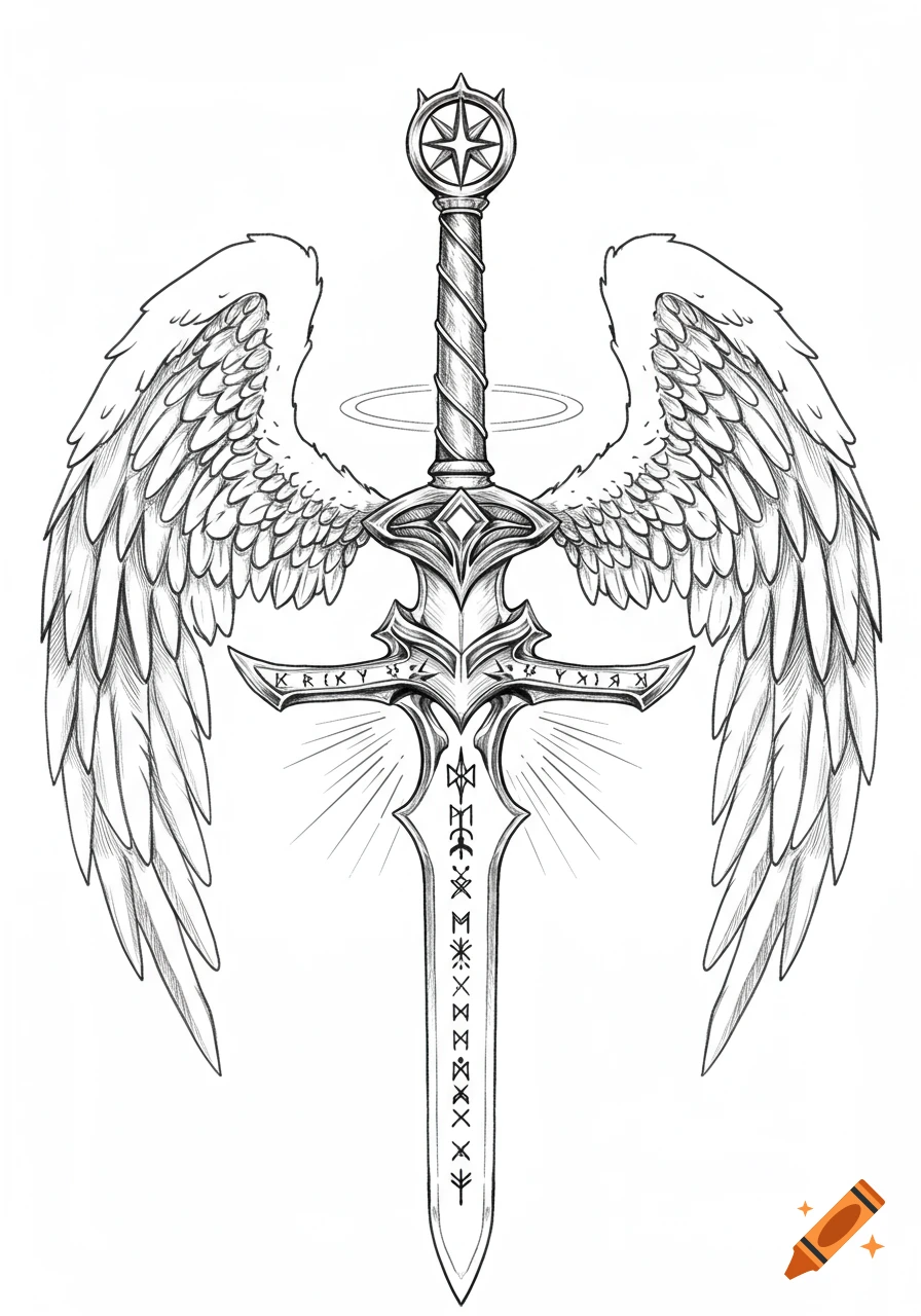 A detailed black and white line art sketch of a winged sword with a halo and mystical runes on its blade, against a white background.