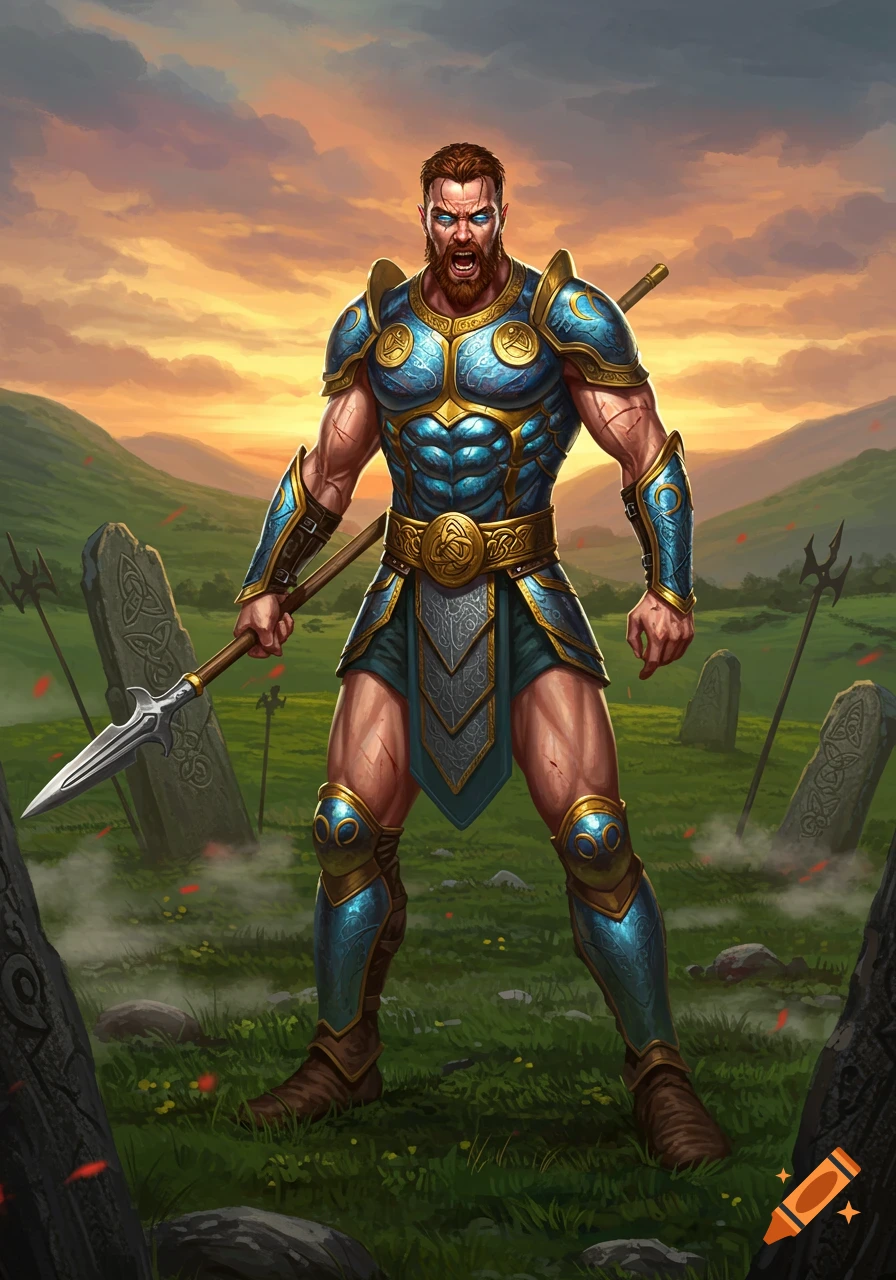 A muscular warrior in blue and gold armor stands in a green field with ancient stones at sunset, holding a spear.