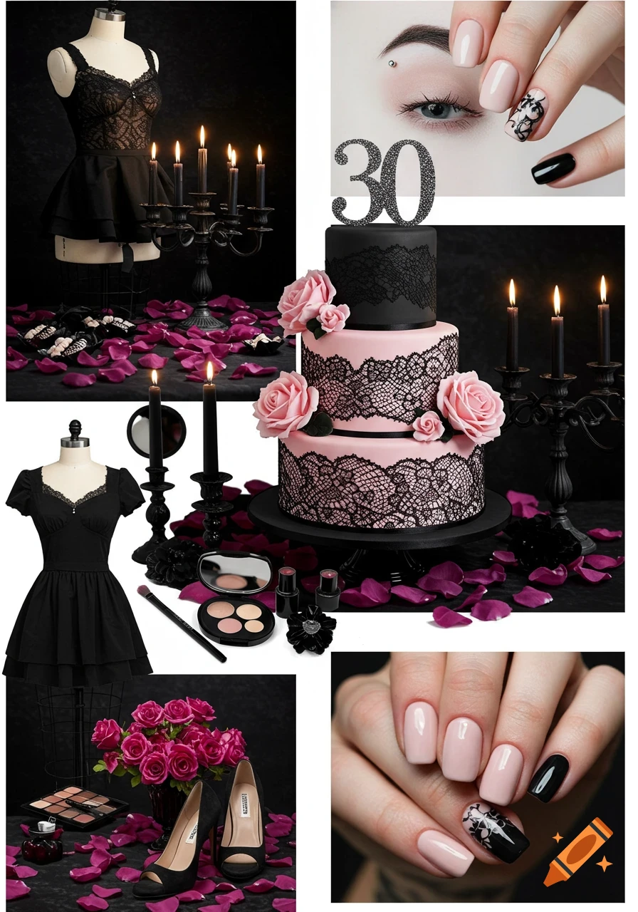 Gothic-themed collage with black and pink 30th birthday cake, dresses, makeup, candles, roses, and manicured hands.