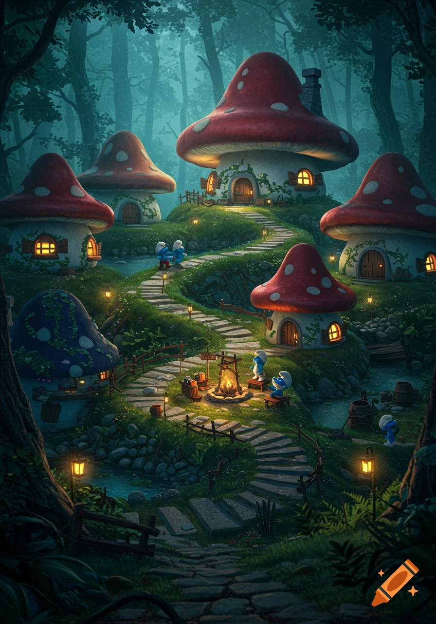 A whimsical Smurf village nestled in a lush, moonlit forest, featuring mushroom houses with glowing windows, winding paths, and Smurfs gathered around a campfire.