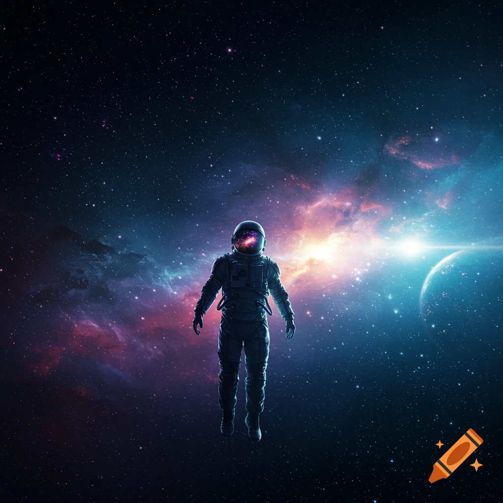 An astronaut floats in the vastness of space amidst a vibrant, colorful nebula, stars, and a distant planet.