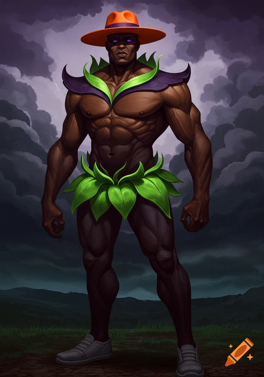 A muscular, dark-skinned man in a green leaf skirt and shoulder accents, an orange fedora, and grey shoes stands against a stormy sky.