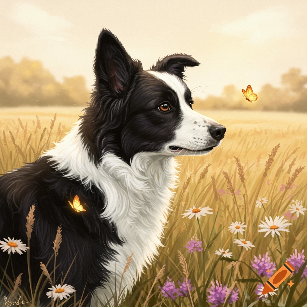 A black and white Border Collie sits in a sunlit field of tall grass and wildflowers, looking at a butterfly.