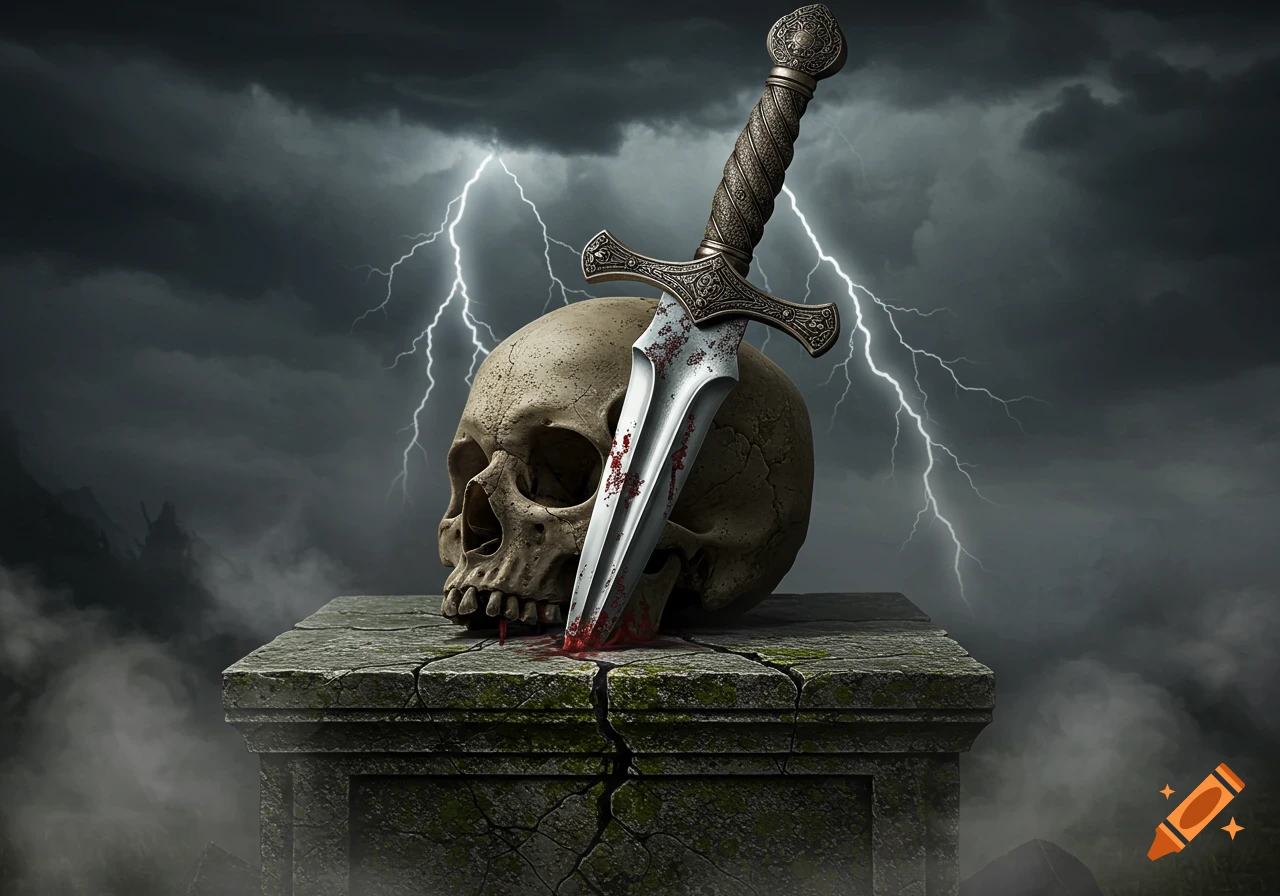 A skull with a blood-stained knife through it, resting on a cracked stone pedestal under a stormy sky with lightning.