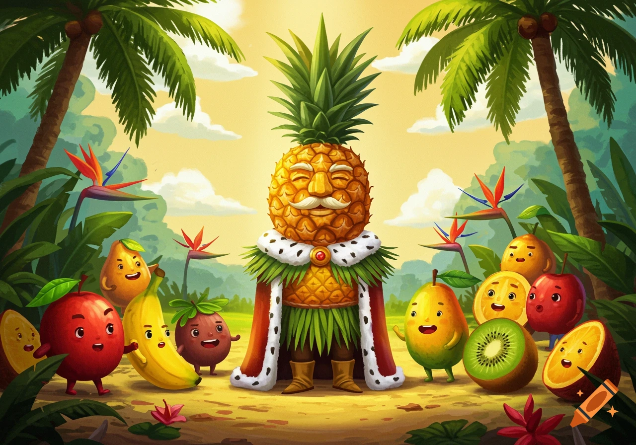 A cartoon illustration of a pineapple king with a crown and cloak, surrounded by smiling fruit characters in a tropical jungle.