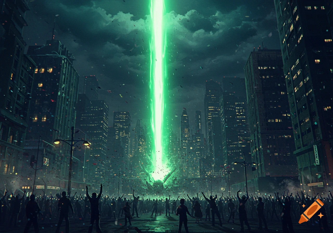 A huge glowing green light beam descends into a dark, futuristic cityscape as a cheering crowd looks on.